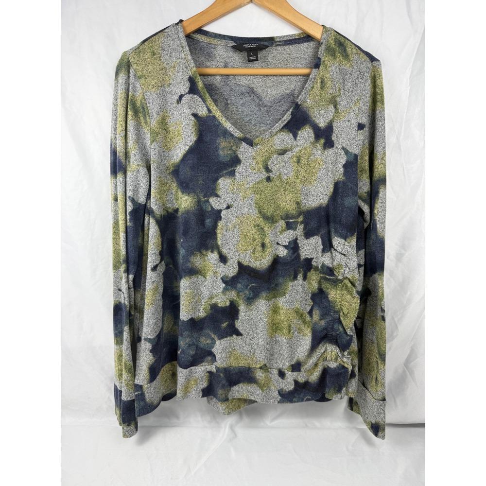 Simply Vera Vera Wang Womens L Green Blue Abstract Floral V-Neck Ruched Top